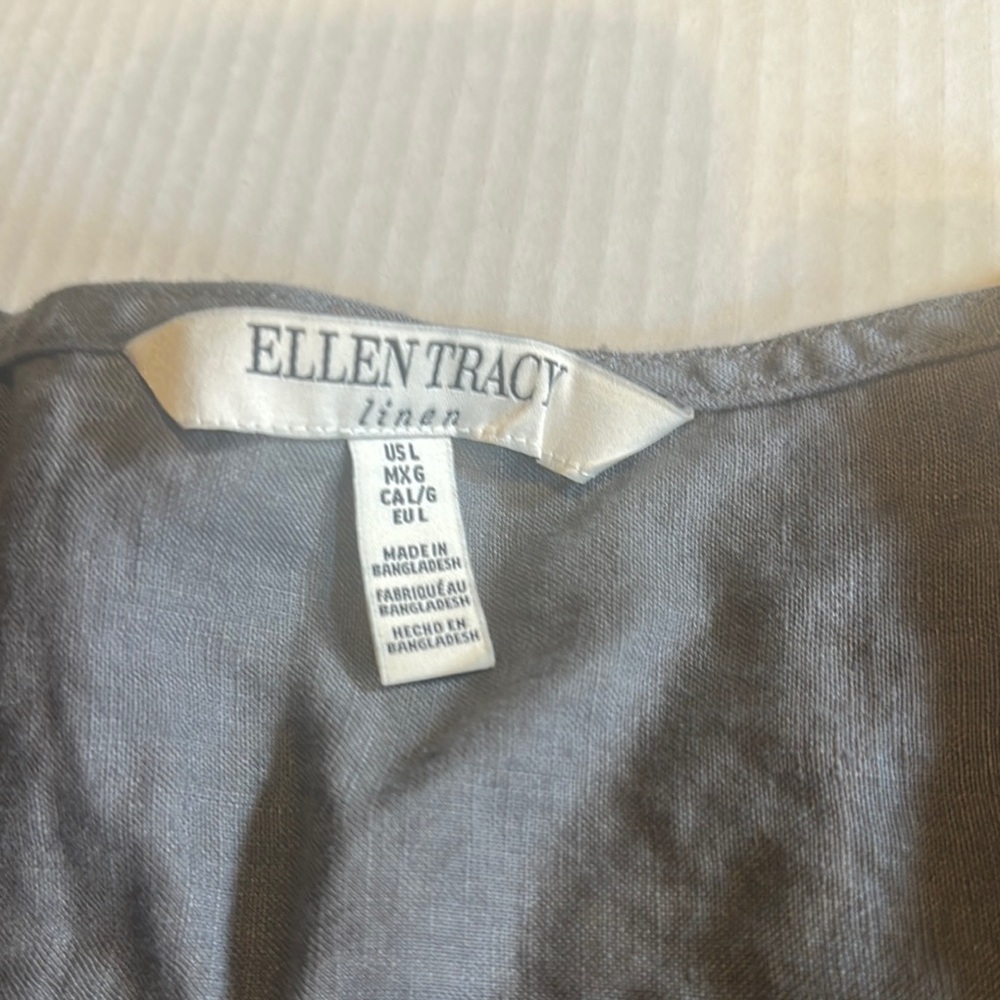 Ellen Tracy linen grey gold Boxy Blouse with Cuffed Sleeves and round Collar - Picture 8 of 10